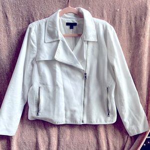 Ann Taylor Linen Blend Moto Jacket Women's Size 12 Winter White Zip Up